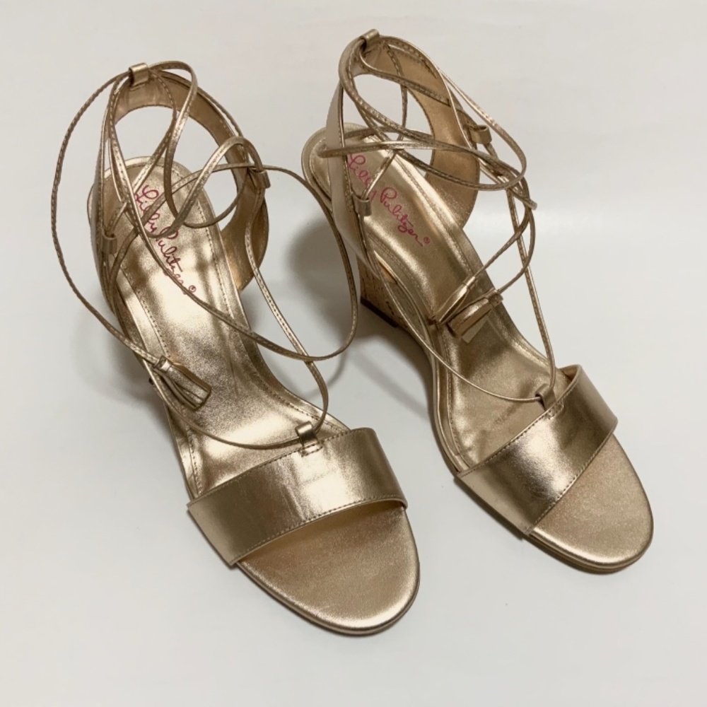 Lilly Pulitzer Aria Cork Wedge Heel Gold Leather Pump Sandal Lace Up Dress Shoes - Picture 5 of 12